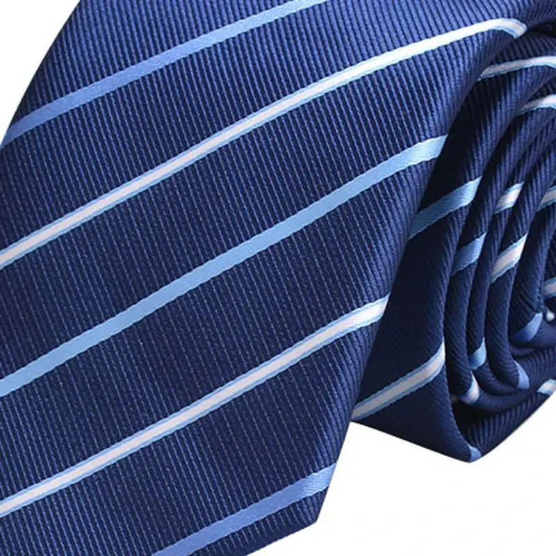Close-up of navy necktie with fine diagonal stripes