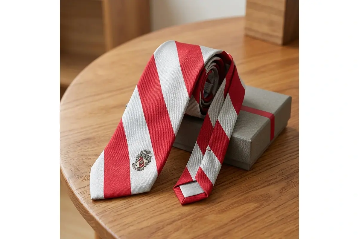 Red and ivory striped tie with a crest near the blade tip, displayed with a box.