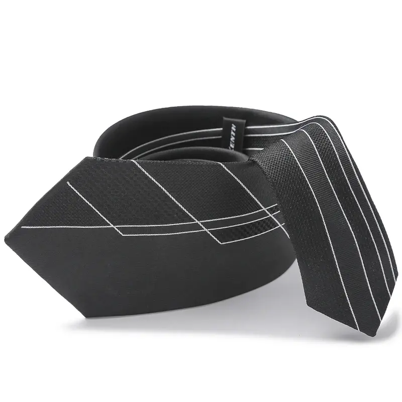 Rolled black tie with intersecting fine white stripes.