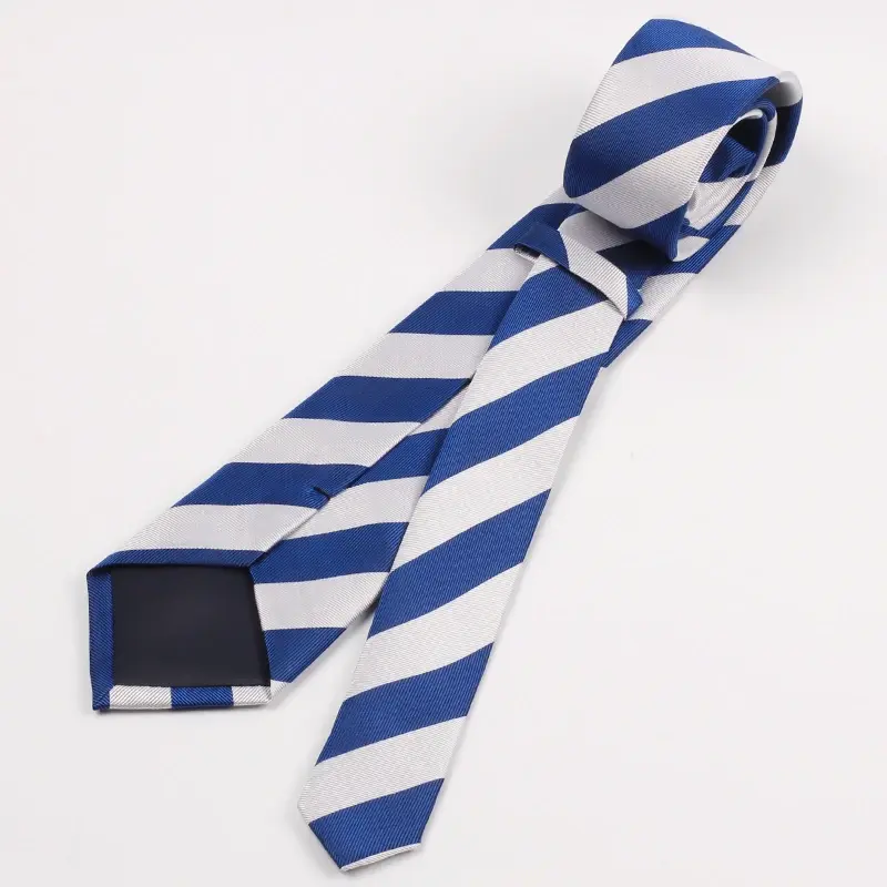 Full knotted tie with broad blue and white diagonal stripes.