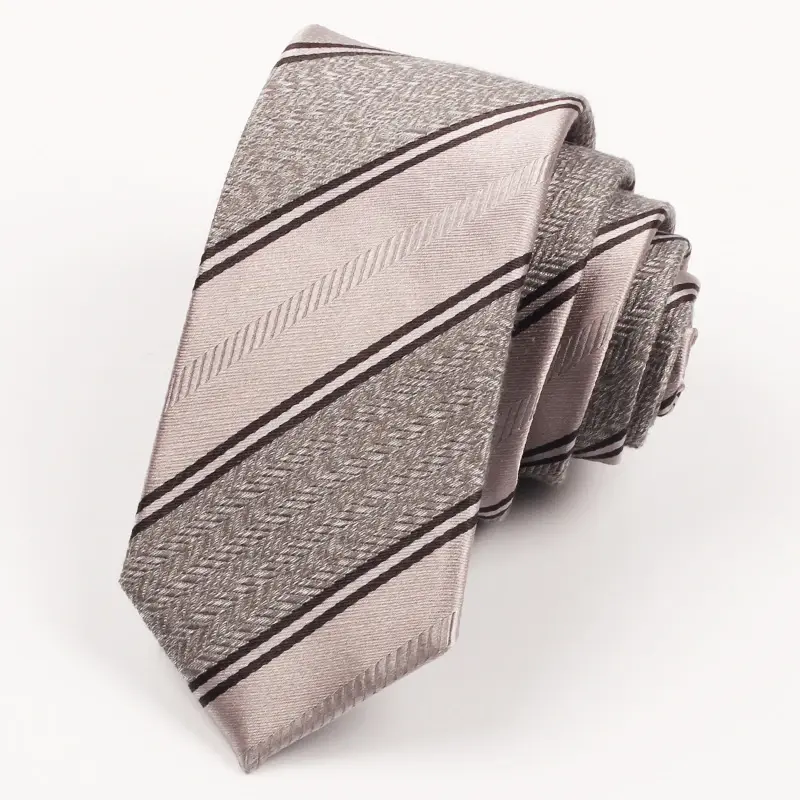 Rolled silver-grey tie with fine dark diagonal stripes and textured bands.