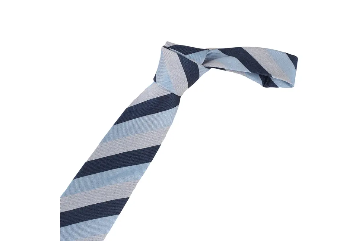 Full knotted tie with wide diagonal navy, blue and grey stripes.