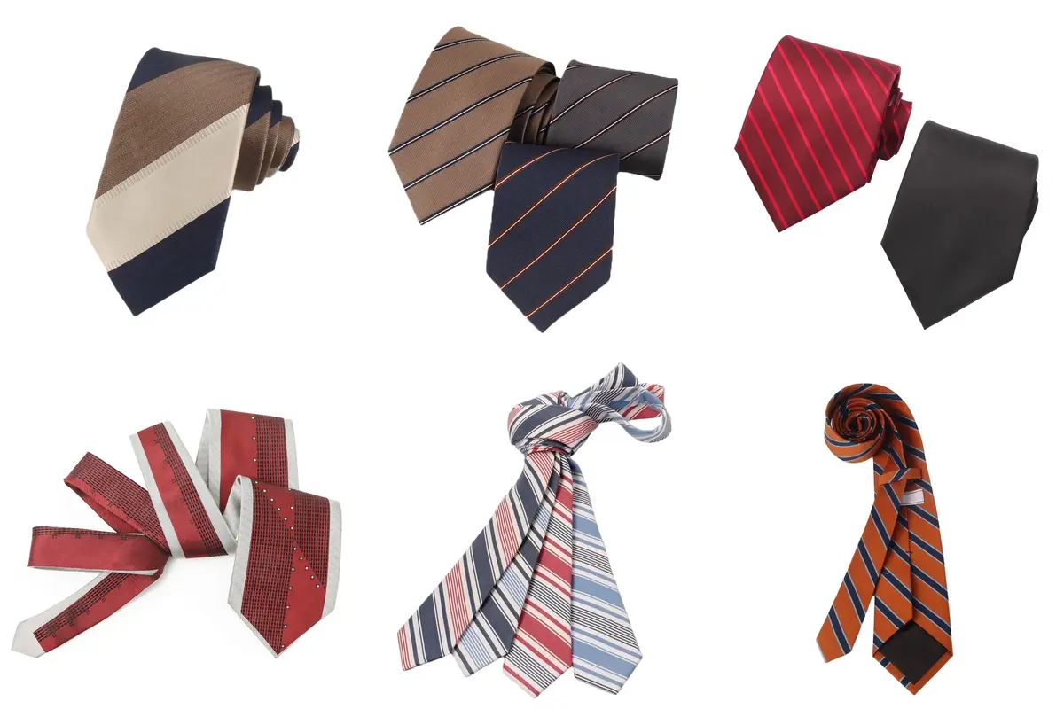 Six tie sample groups with broad bands, fine lines and contrast stripes.