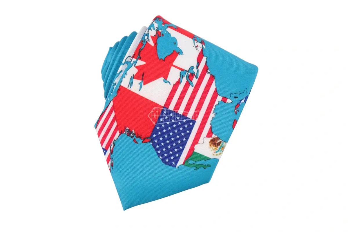 Turquoise tie with large red, white and blue flag and map graphics.