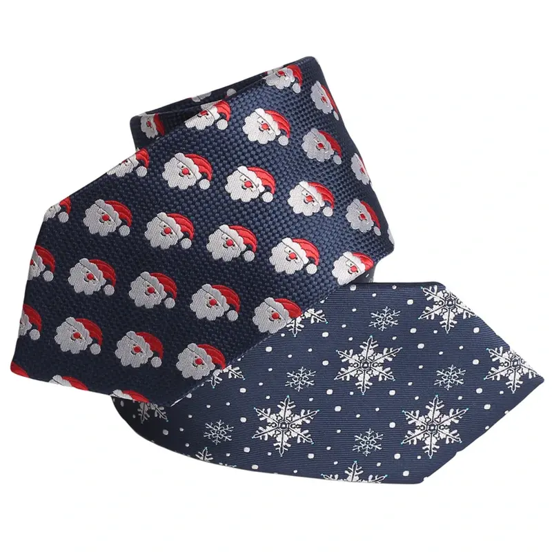 Dark tie with repeated snowflakes and red and white seasonal motifs.