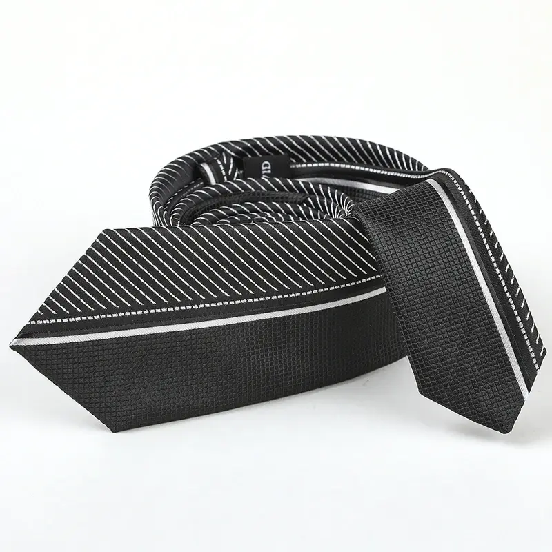 Rolled black tie with fine white diagonal lines and a contrasting dark band.