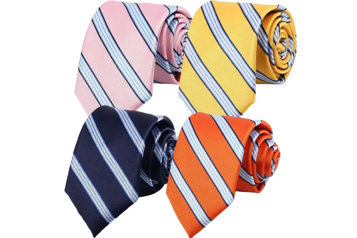 Four rolled striped ties in pink, yellow, navy and orange colorways.