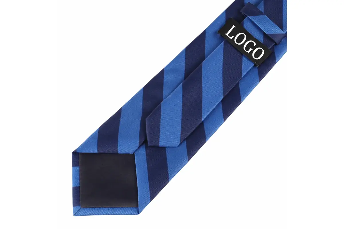 Blue striped tie reverse showing a sample LOGO label, keeper and dark tipping.