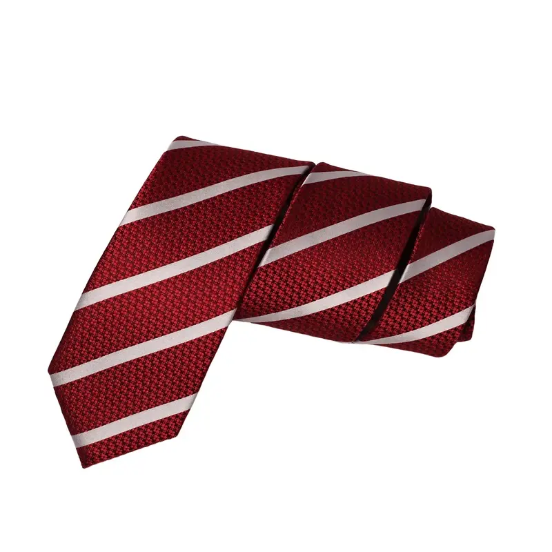 Burgundy necktie with diagonal white stripes
