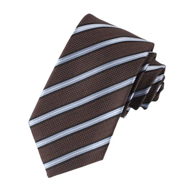 Rolled brown tie with pale blue diagonal stripes.