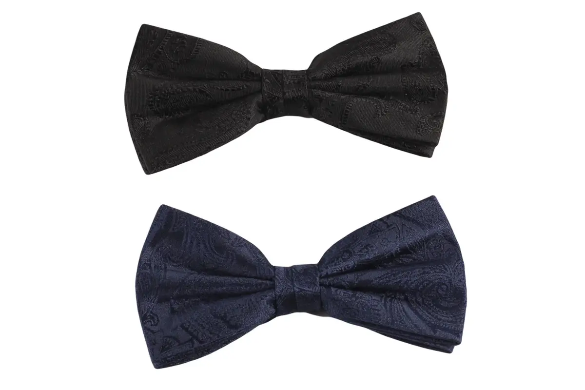 Black and navy pre-tied bow ties with subtle tonal woven patterns.
