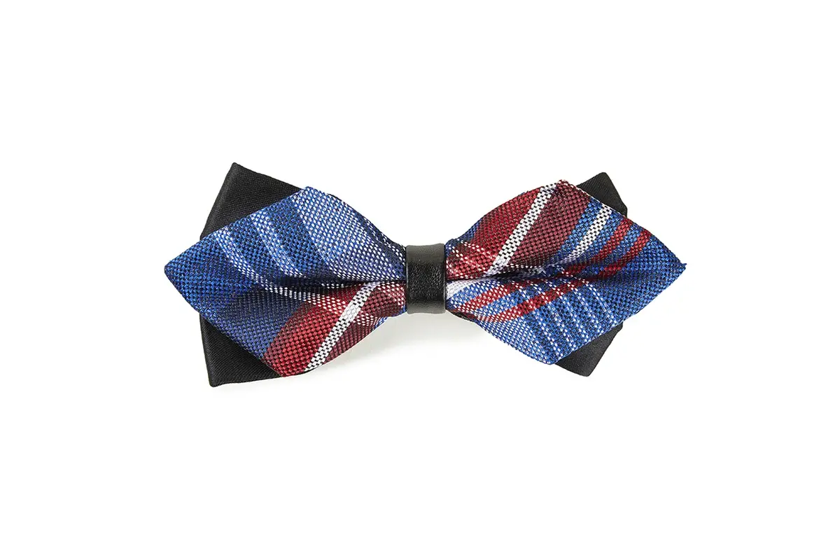 Pre-tied bow tie with blue, red and white plaid bands and dark edging.