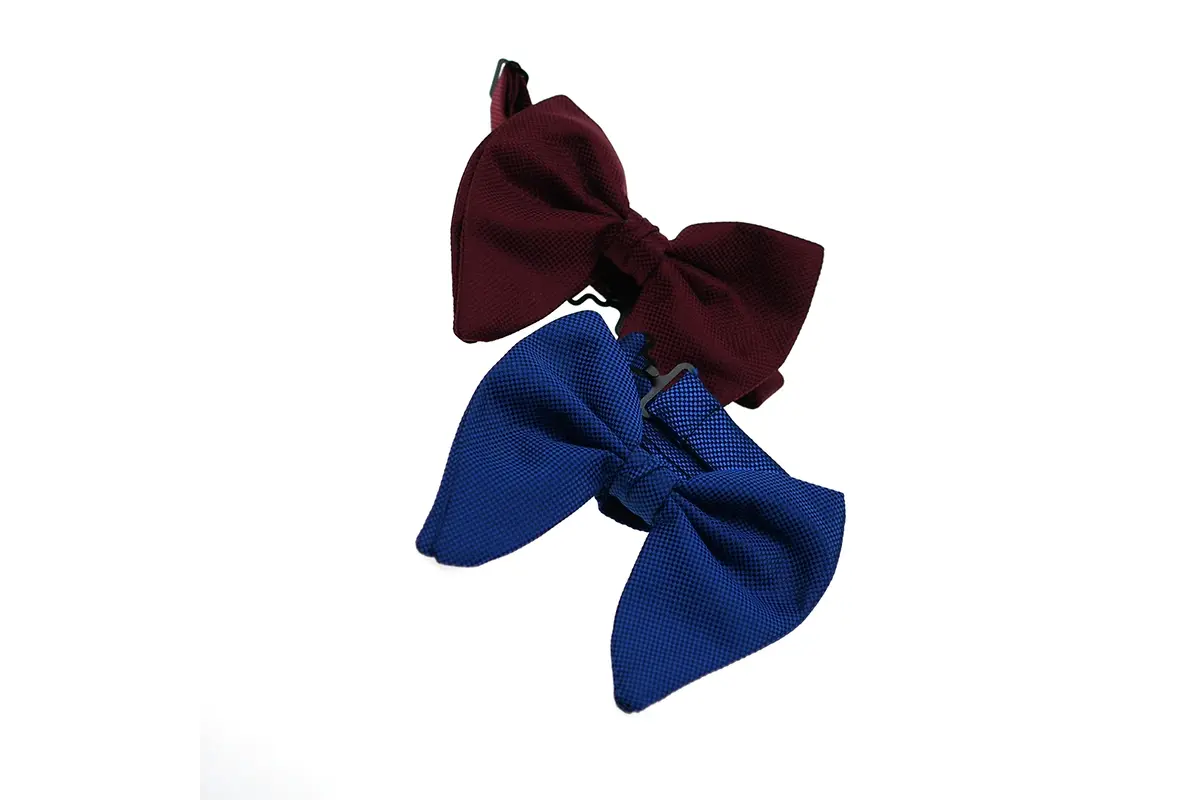 Burgundy and blue pre-tied bow ties showing two coordinated woven colorways.