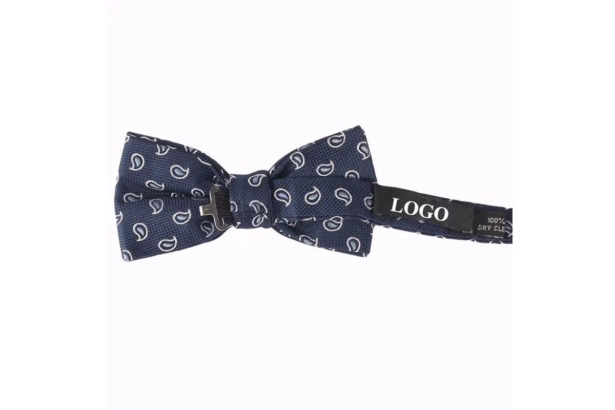 Navy paisley bow tie reverse showing the clasp, strap and sample LOGO label.
