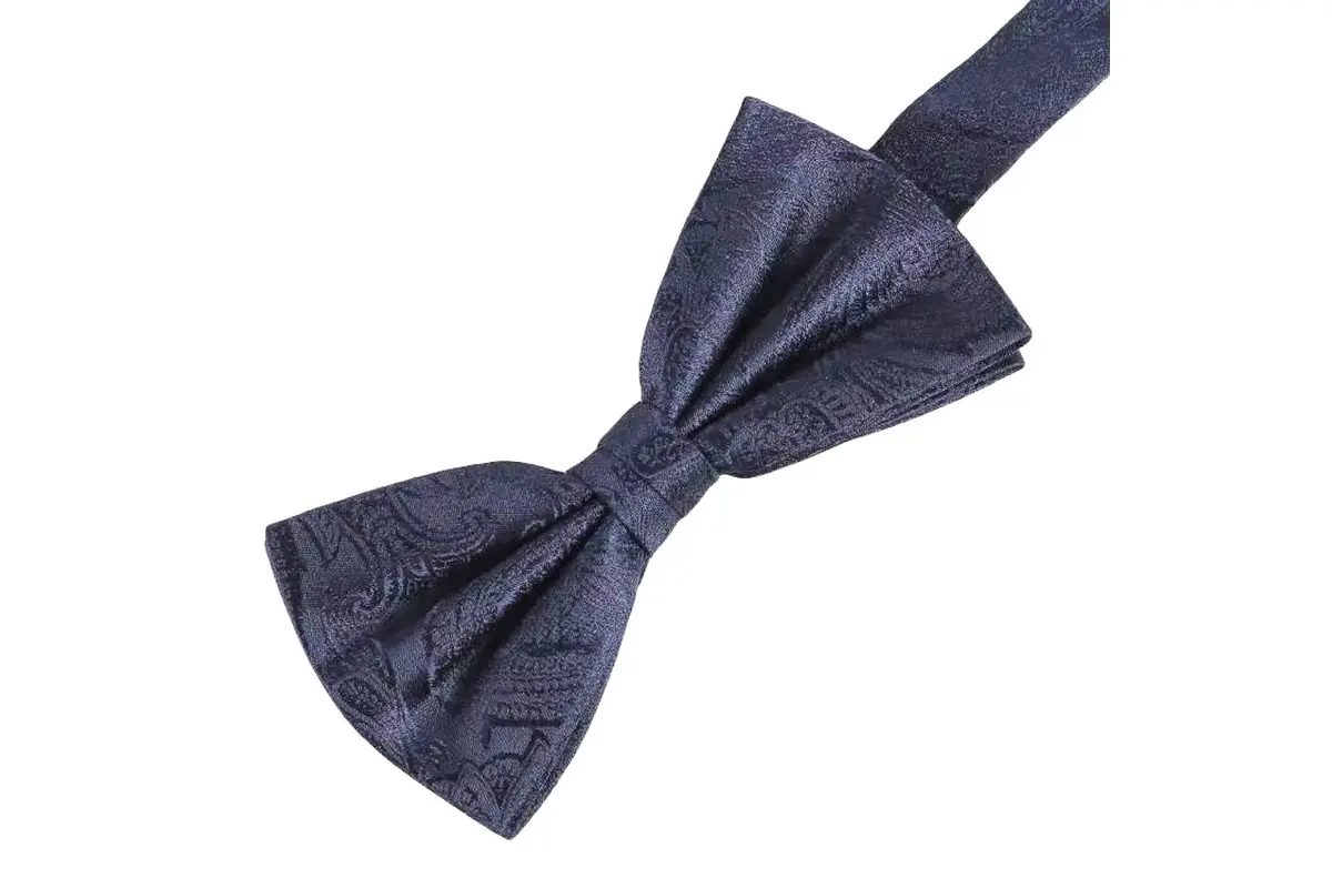 Navy self-tie bow tie showing the patterned wings, center and neck band.