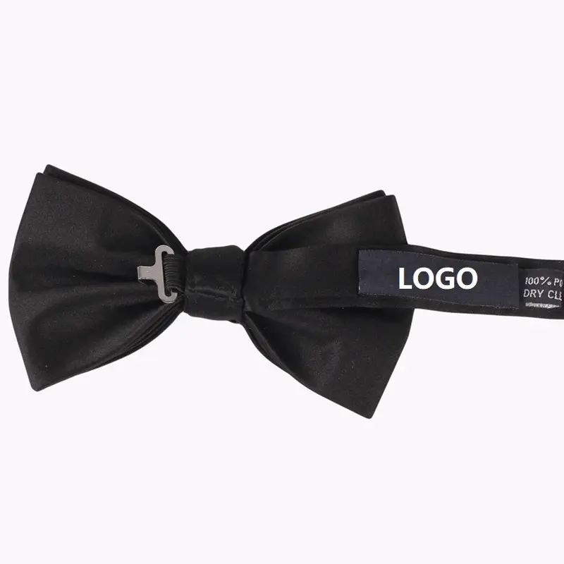 Black bow tie reverse showing a metal clasp and sample LOGO label.