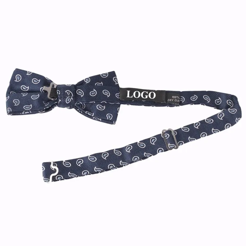 Navy paisley bow tie reverse with adjustable strap and sample LOGO label.
