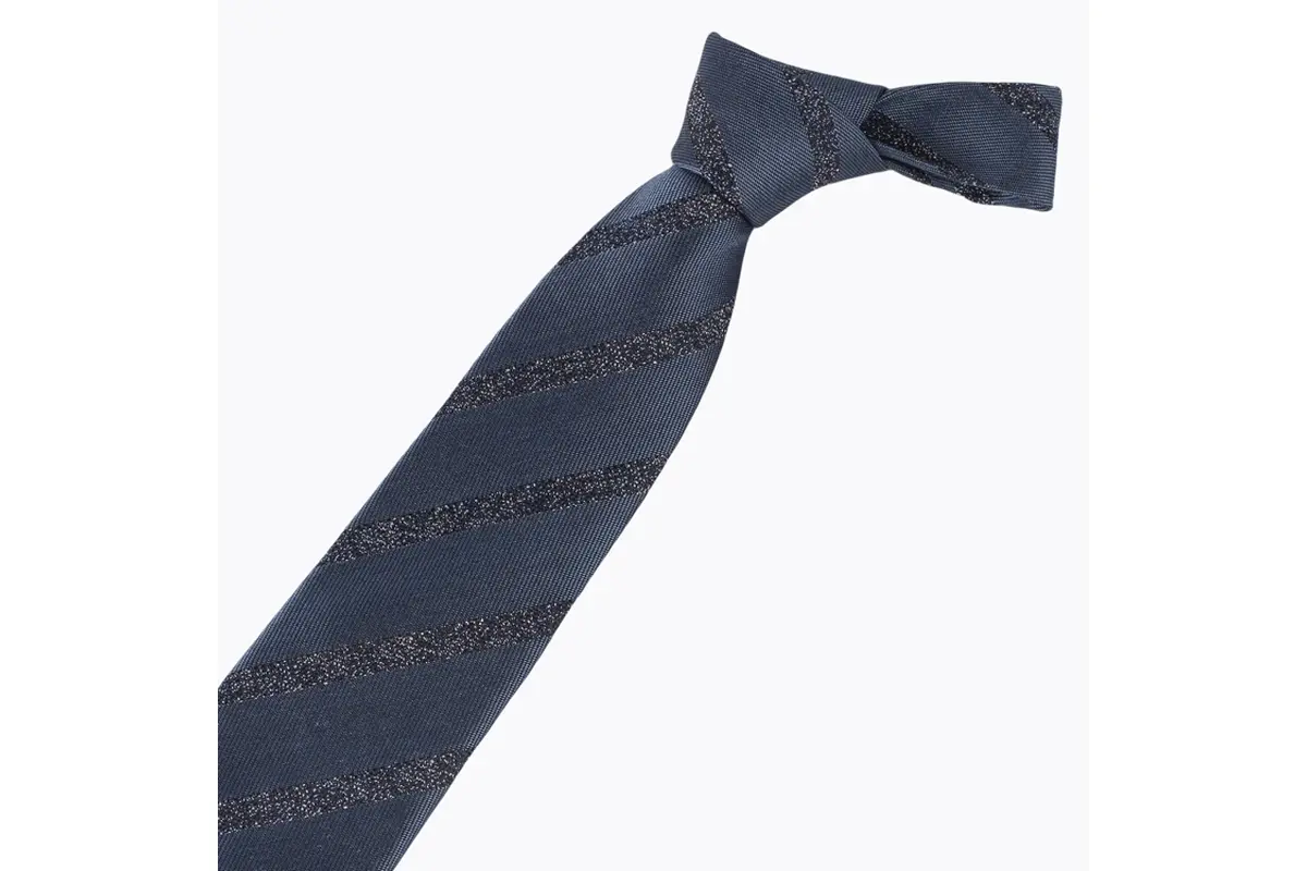 Knotted navy tie with fine textured diagonal bands and a tapered front blade.