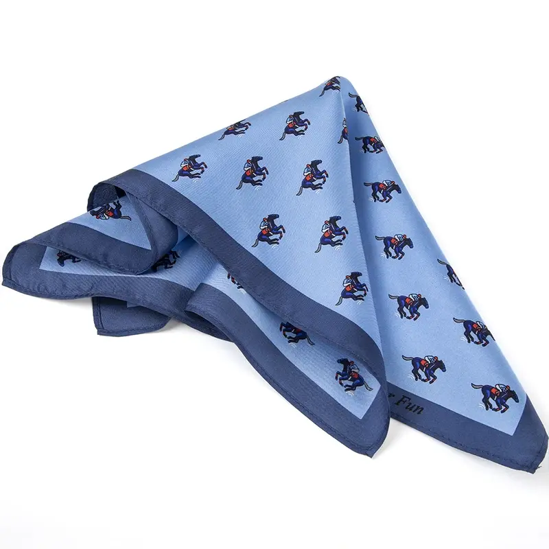 Light blue tie with small repeated multicolor crests.