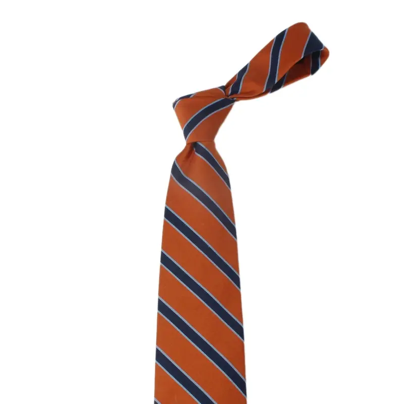 Knotted orange tie with navy and pale diagonal stripes.