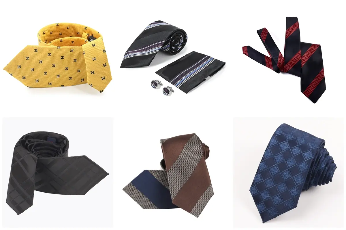 Six ties with repeated letters, fine stripes and red geometric bands.