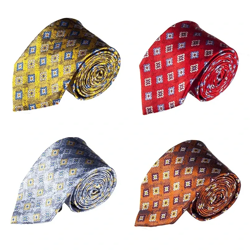 Four woven geometric-pattern ties in gold, red, silver and brown.