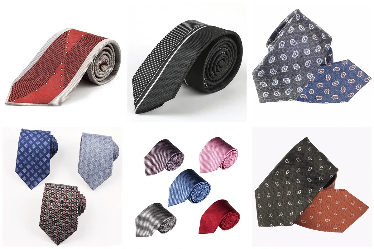 Six groups of woven tie samples with stripe widths, repeating motifs and colors.