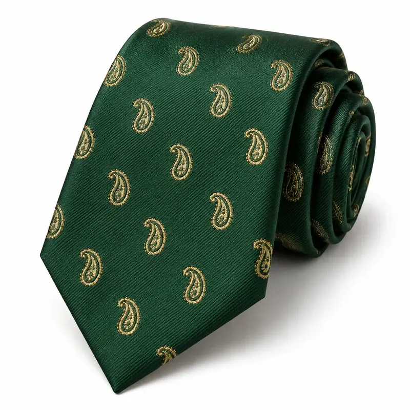 Green necktie with gold paisley motifs.