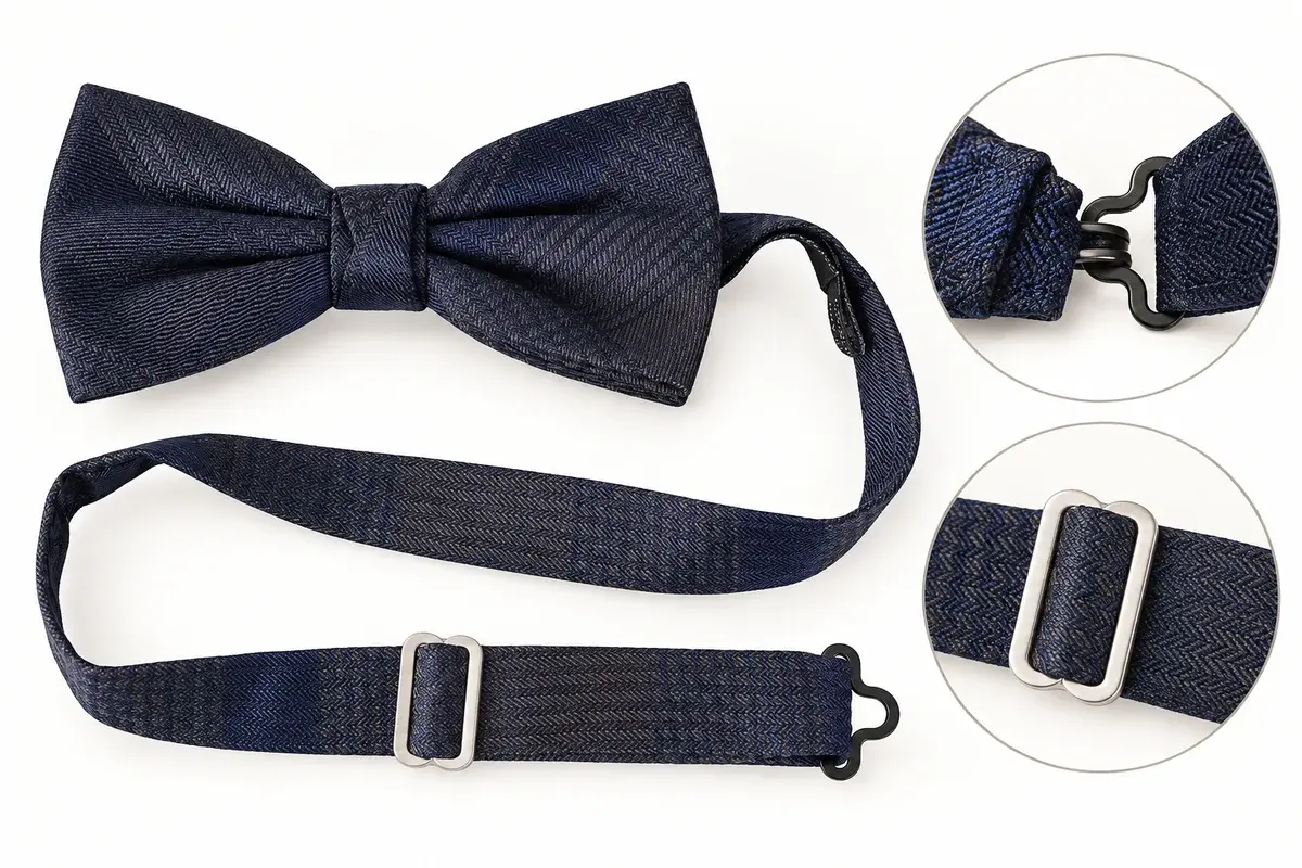 Full adjustable bow tie neckband with close views of slider and hook closure.