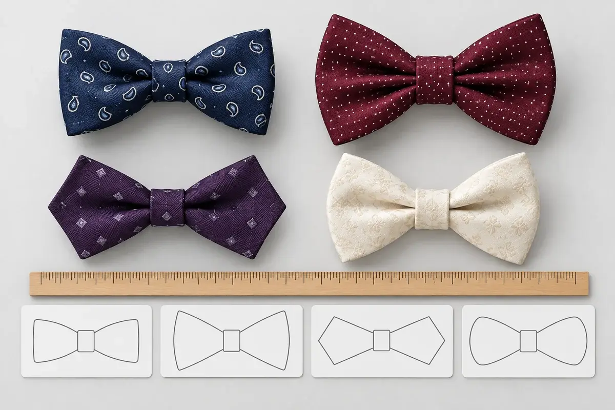 Four bow tie profiles with varied proportions, ruler and plain outline cards.