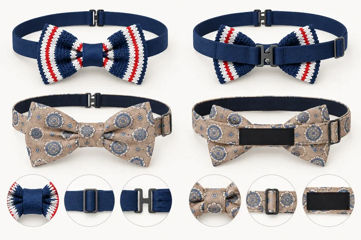 Front and reverse bow tie views with shape, adjustable neckbands, closures.