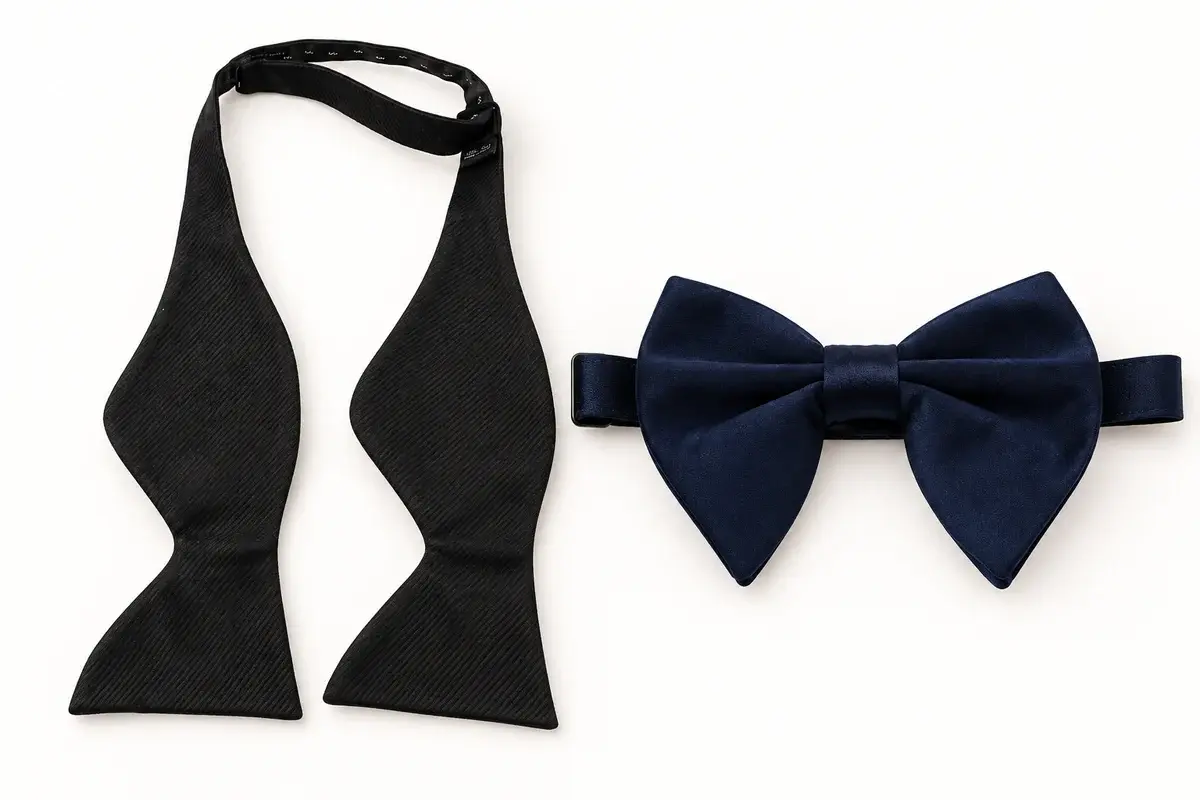 Black self-tie bow and navy pre-tied bow tie compared on a white background.