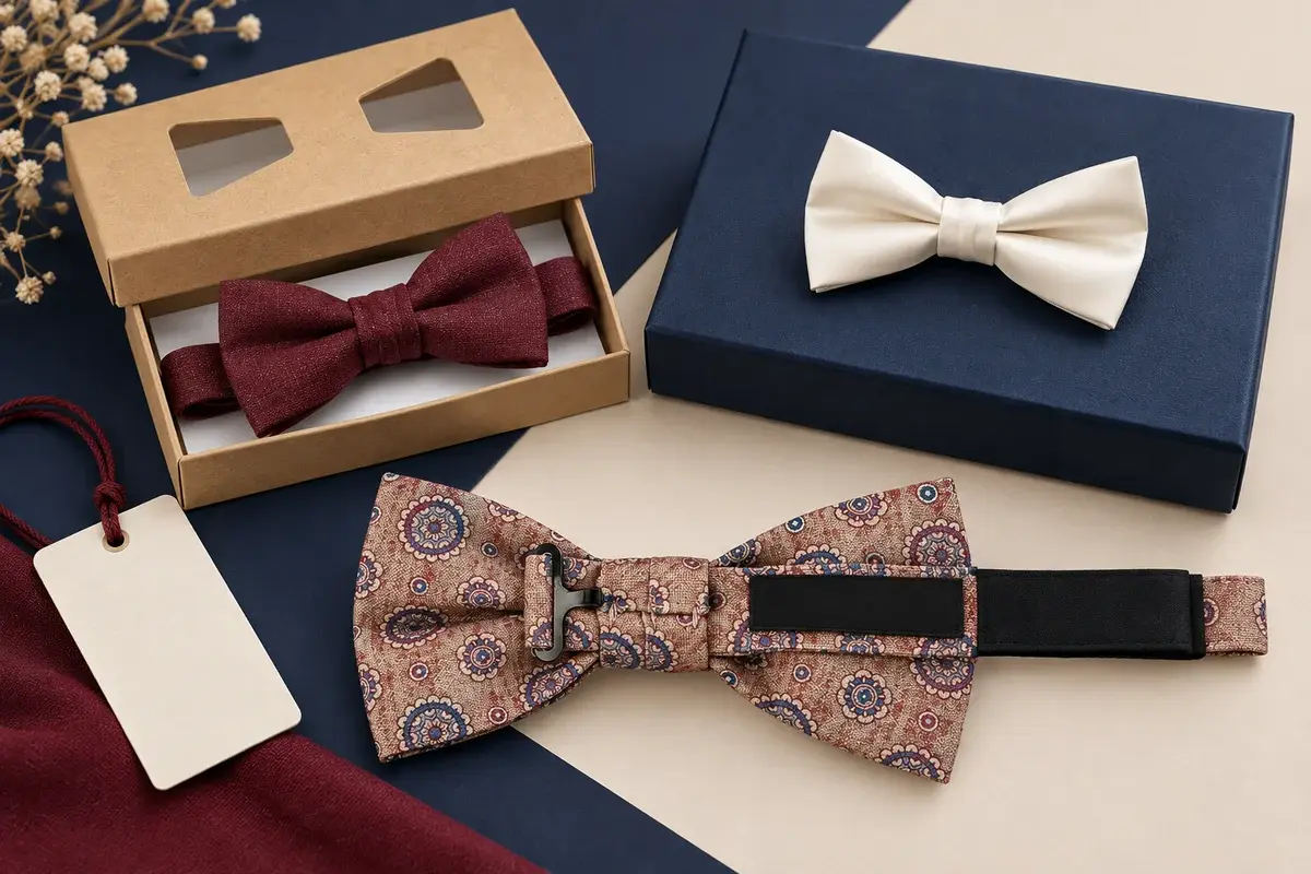 Bow ties with blank labels, hang tag and kraft and navy retail boxes.