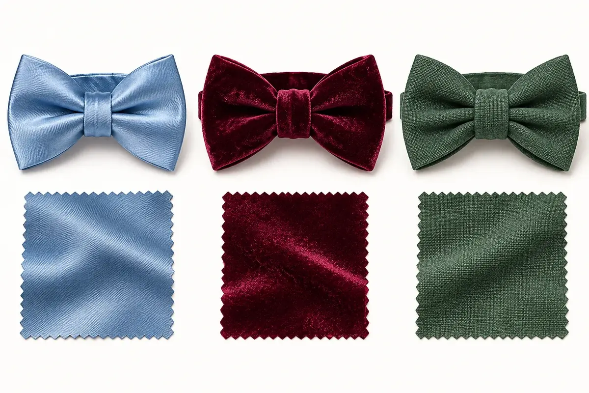 Blue satin, burgundy velvet and green woven bow ties with coordinated material.