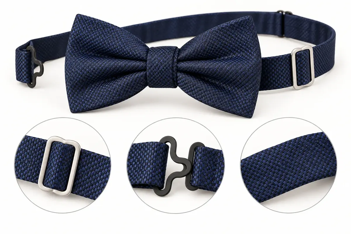 Navy bow tie with detailed views of its neckband slider and hook closure.