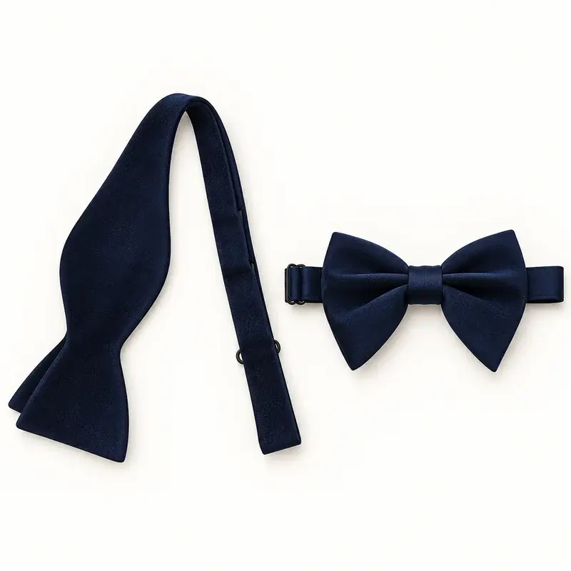 Navy self-tie and pre-tied bow tie formats shown side by side.