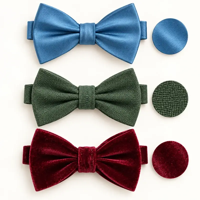 Blue satin, green woven and burgundy velvet bow ties with matching swatches.