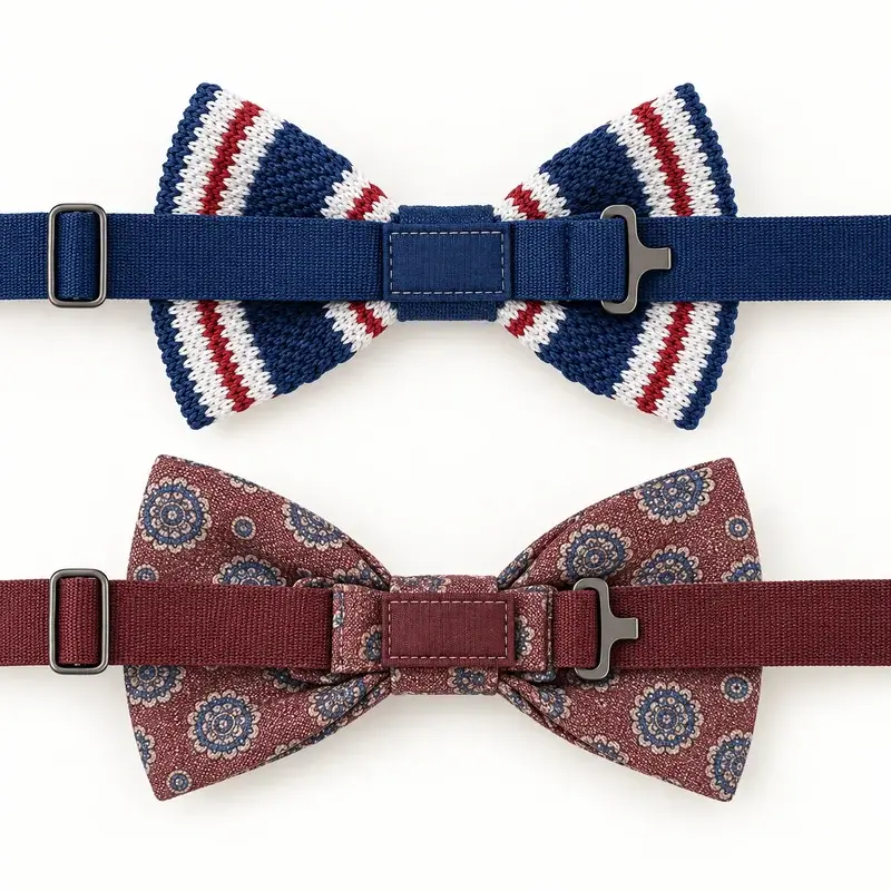 Reverse views of two bow ties with adjustable bands, closures and blank labels.