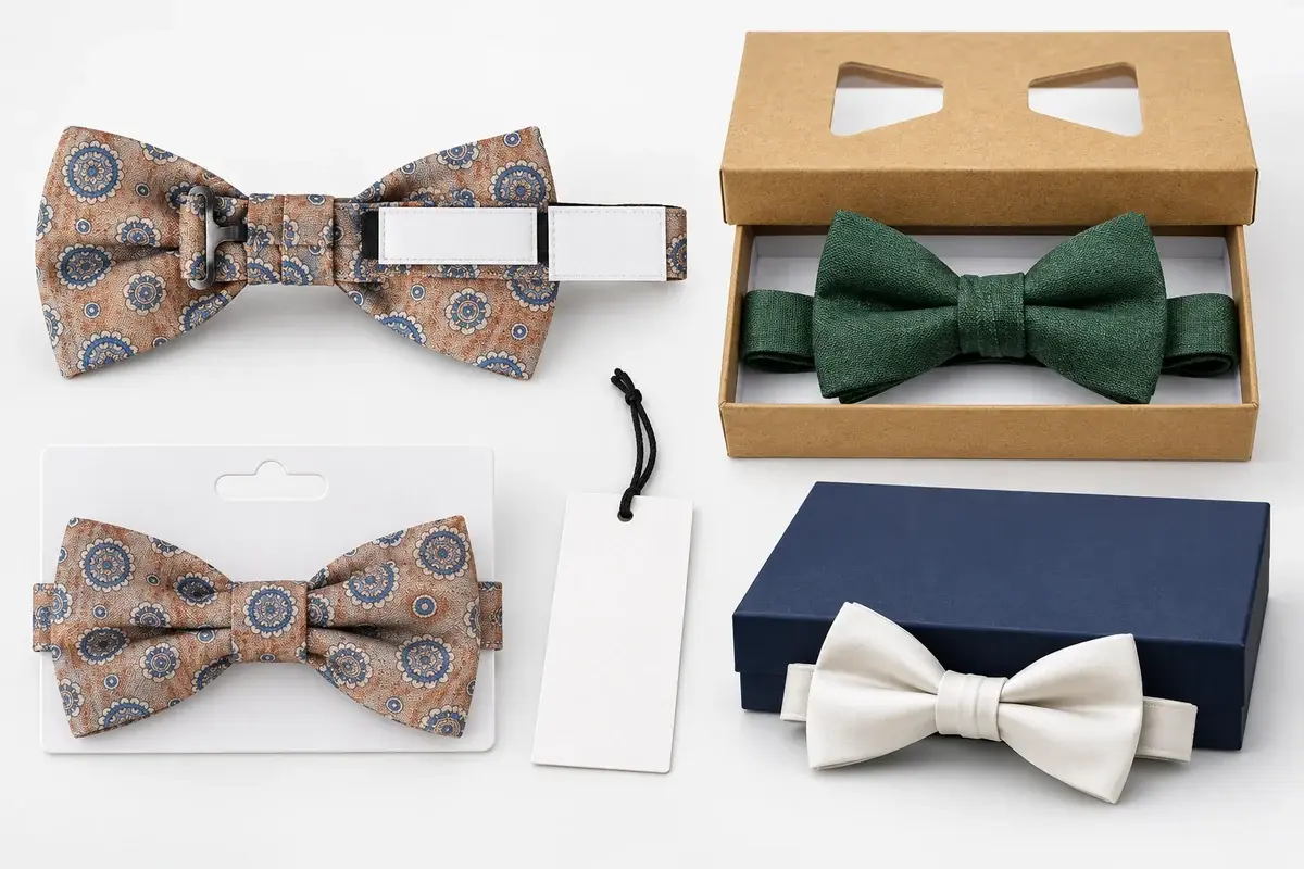 Private label bow ties with blank sewn labels, hang tag, retail card and boxes.