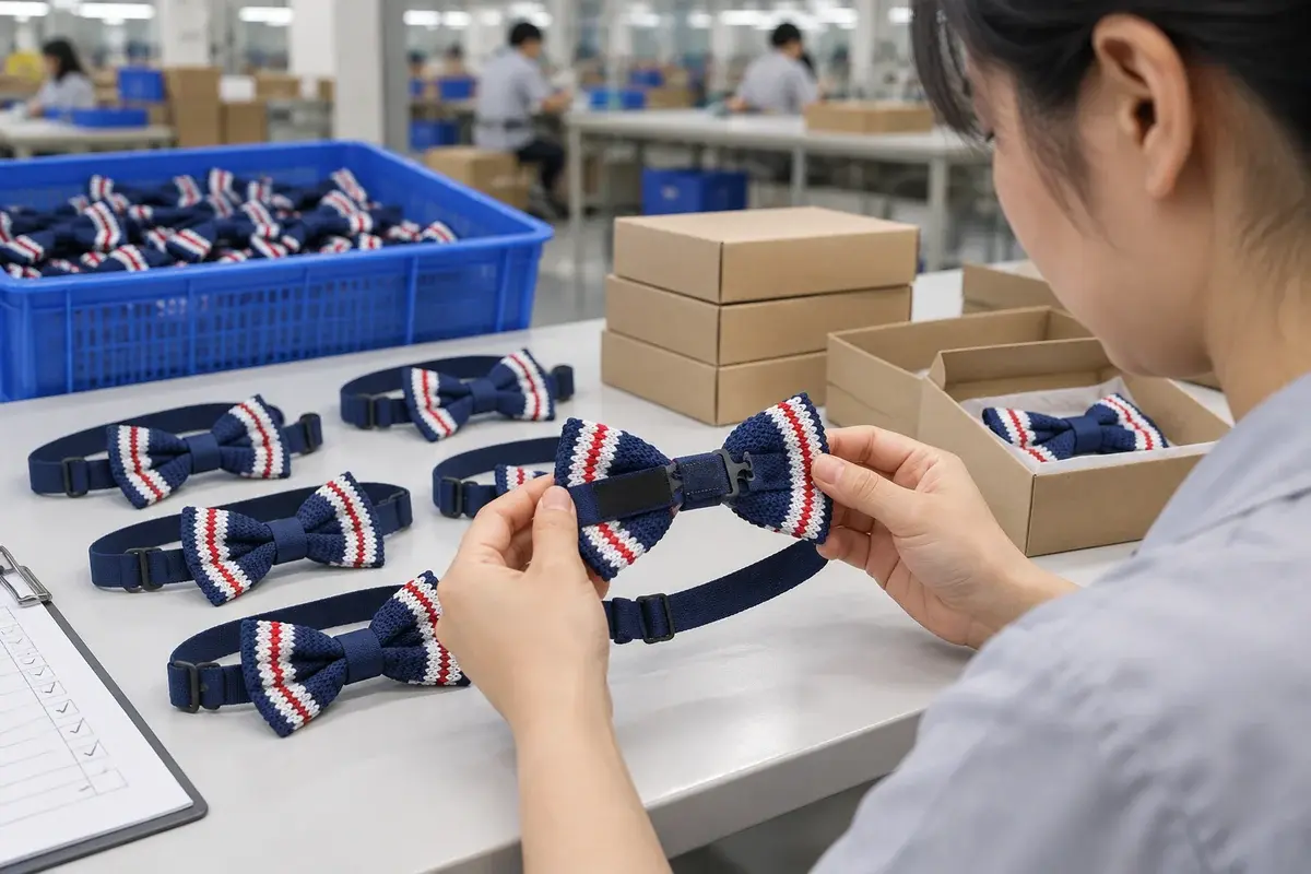 Worker inspecting bow tie symmetry, neckband hardware and label placement.