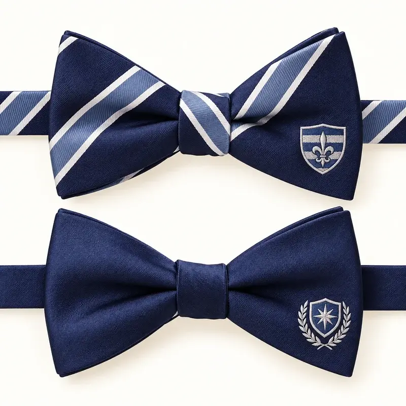Two navy custom bow ties with subtle abstract embroidered crest motifs.