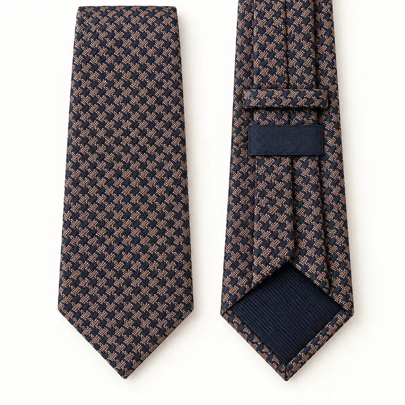 Brown and navy micro-geometric woven tie with dark tipping and a blank label.