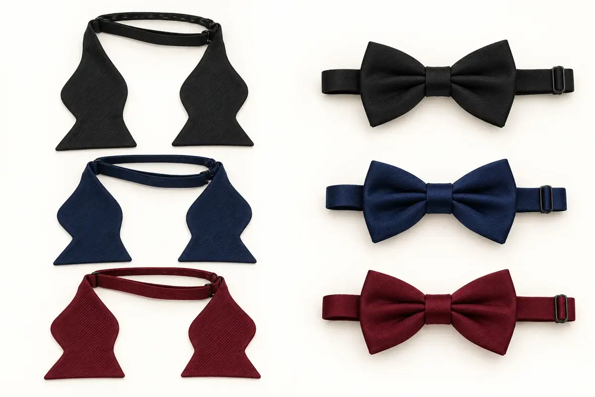 Black, navy and burgundy self-tie and pre-tied bow tie formats for comparison.