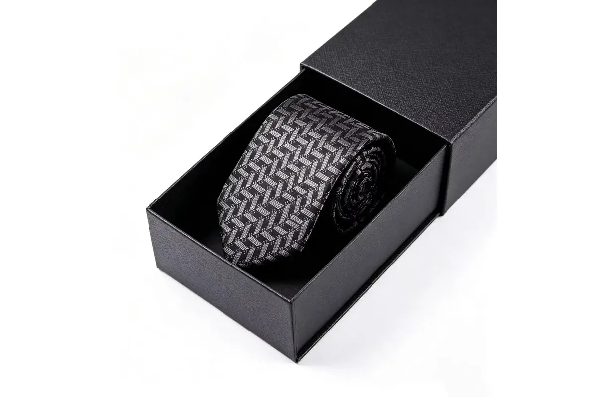 Gray patterned tie rolled inside an open black sliding presentation box.