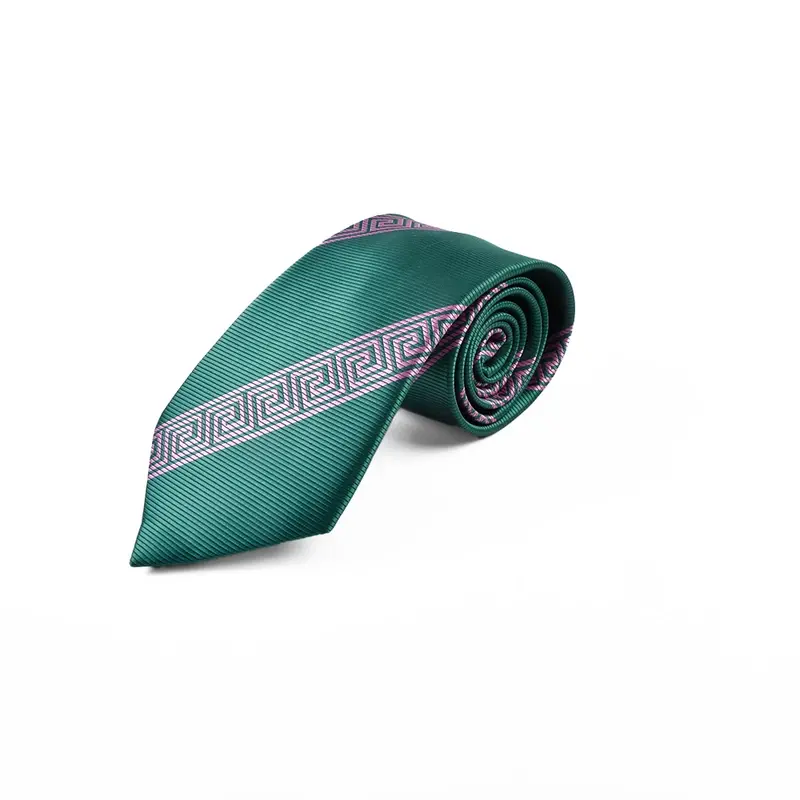 Rolled green tie with a purple and white geometric border pattern.