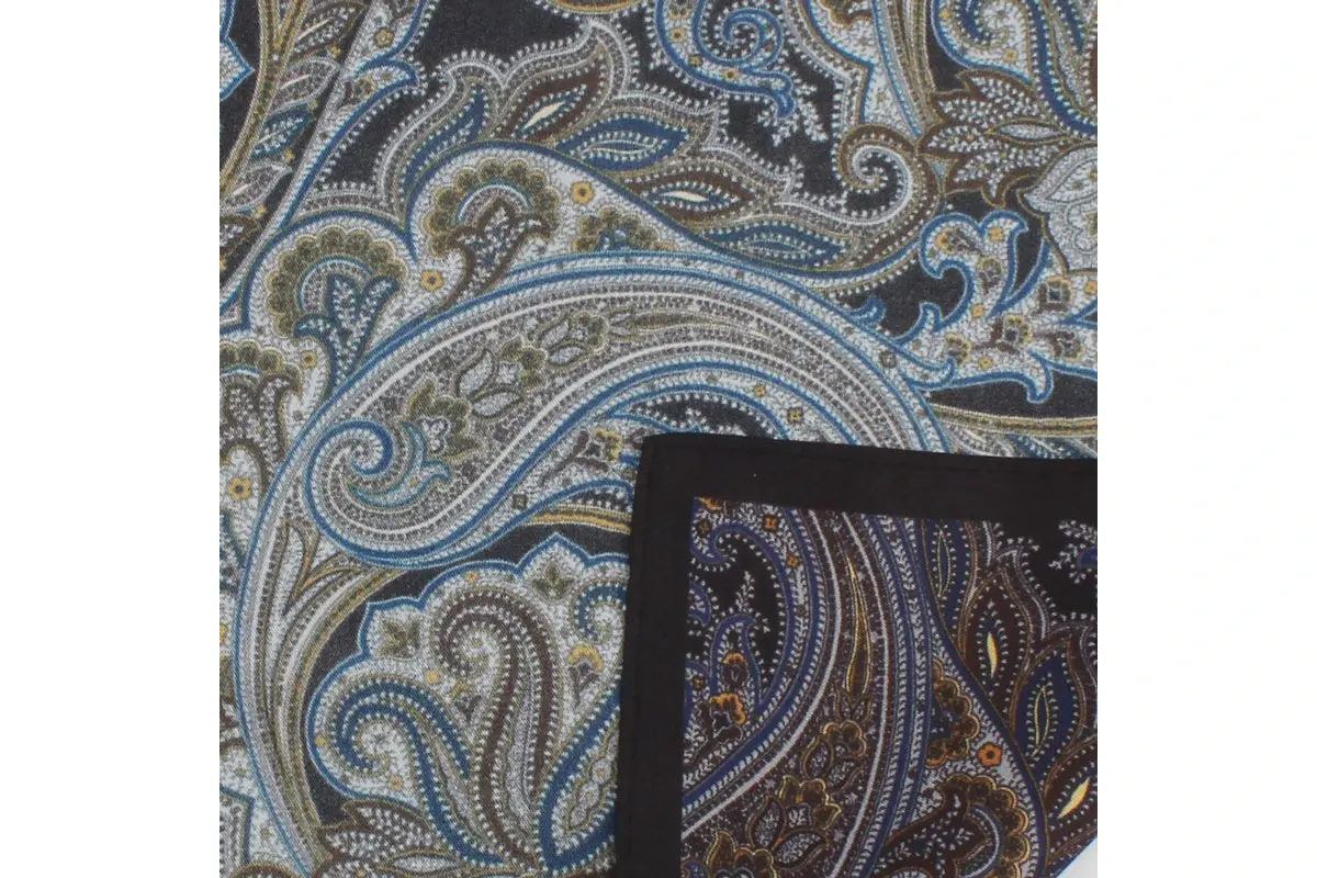 Blue and gray paisley fabric with a bordered sample with pattern scale.