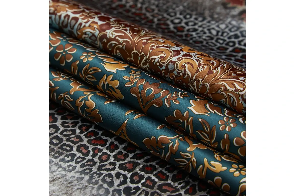 Several rolled woven fabrics in brown, teal and dark patterned colorways.