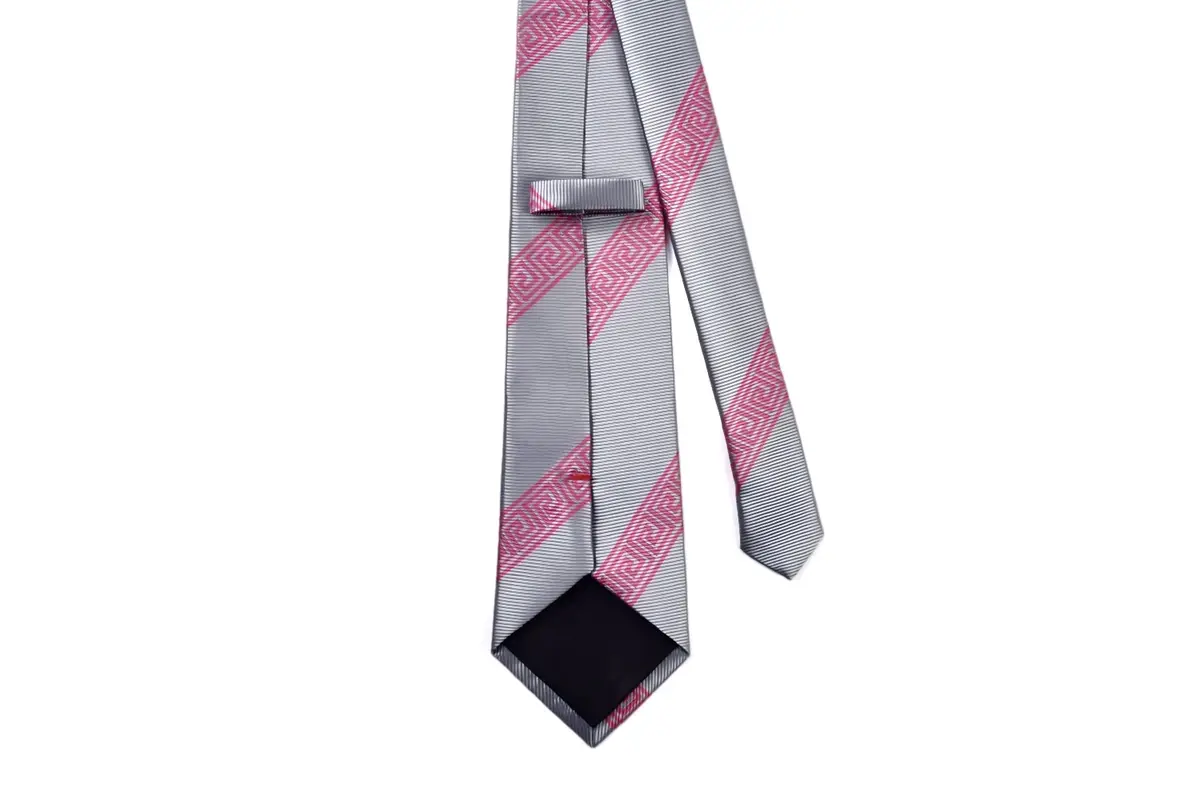 Finished gray and pink striped tie shown from the front with a dark folded tip.