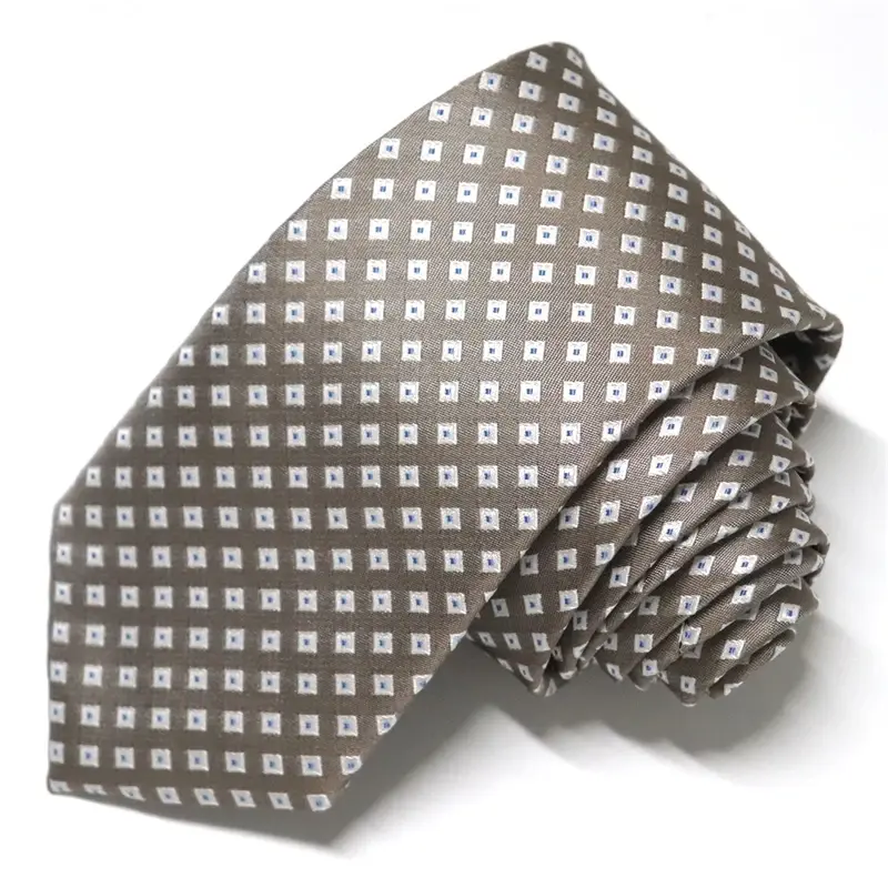 Gray necktie with repeating geometric motifs